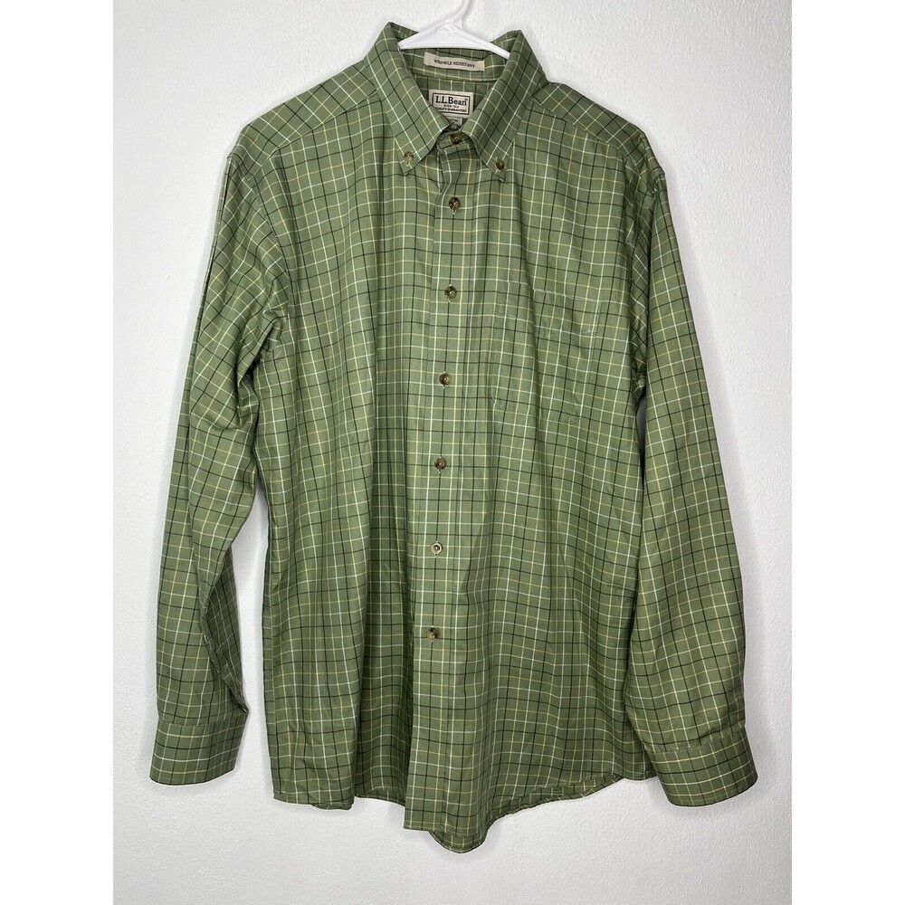 LL Bean Men's Medium Reg Green Long Sleeve Button Down Plaid Wrinkle Resistant